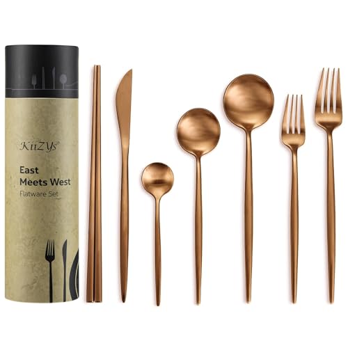 Matte Copper Silverware Set Reusable Chopsticks - KiiZYs 14-piece Stainless Steel Utensils Set Kitchen Accessories - Modern Flatware Spoon Fork Knife - Cutlery Set Gift Box (Matte Copper, 2 Sets) Matte Copper Set for 2 (14pcs)