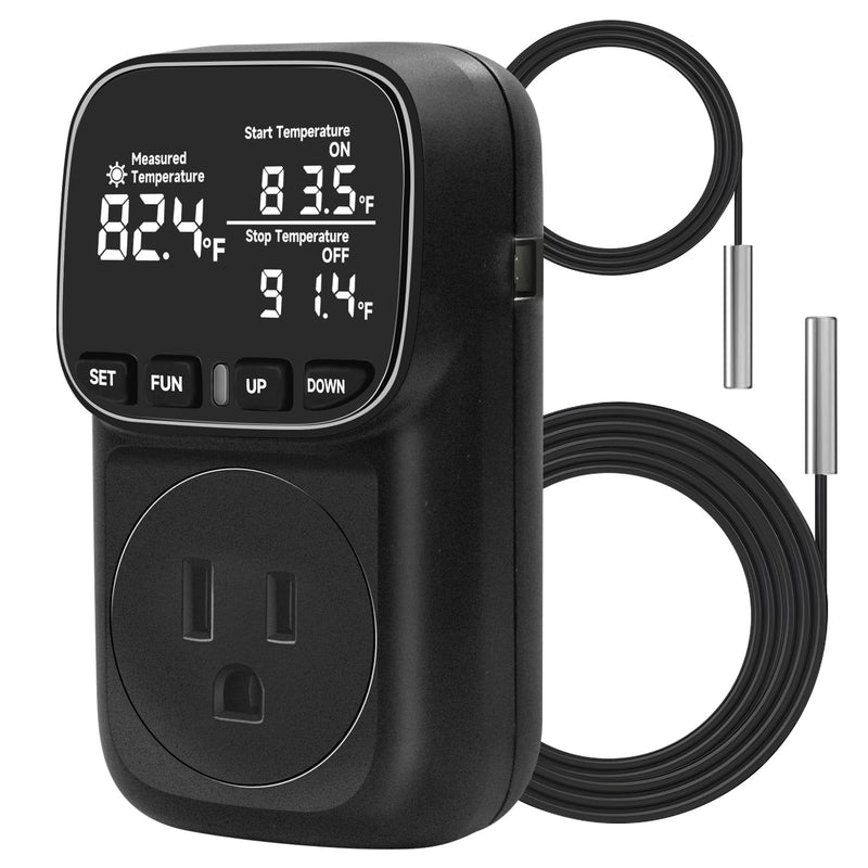 Temperature Controlled Outlet , 15A/1800W Digital Thermostat Outlet, Cyclic Timing/Countdown, -40℉~210℉ VA Display Heating Cooling Control Timer with 2Pcs Probe Cable for Reptile Incubator Black