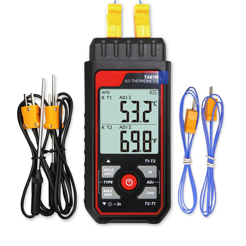 [Australia - AusPower] - Digital Thermocouple Thermometer Dual-Channel K/J Type Thermometer -328~2501℉ Wide Range Industrial HVAC Temperature Meter with 4PCS of K-Type Thermocouple Probes, Alarm,Temp Conpensation 