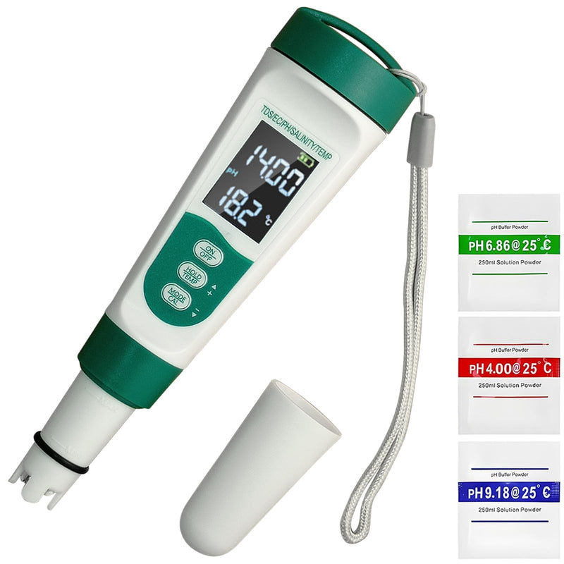 [Australia - AusPower] - Display PH Meter Watter Tester 5 in 1, Functions: PH,TDS,EC,Salt,Temp, IPX5 Waterproof, High Accuracy With 3 Calibration Powders, for Saltwater Pool, Hot Tubs, SPAs, Aquarium, Hydroponics System 