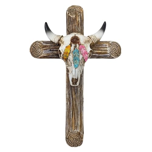 BestGiftEver Rustic Southwestern Wall Cross Faux Wood Steer Skull