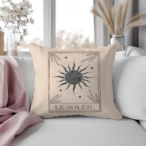 Boho Sun Tarot Pillow Covers 18x18, Witchy Room Decor, Le Soleil Mystical Botanical Sun Celestial Spiritual Decorative Throw Pillow Covers Pillowcases Sun 01