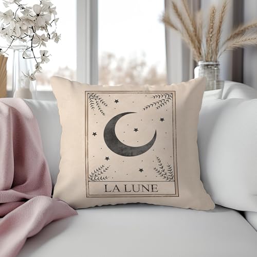 Boho Moon Tarot Pillow Covers 18x18, Witchy Room Decor, La Lune Mystical Botanical Crescent Moon Celestial Spiritual Decorative Throw Pillow Covers Pillowcases 012
