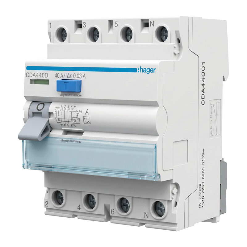 Hager CDA440D Residual Current Circuit Breaker Type A 40A 30mA 4-Pin 3P+N FI Switch 6kA for DIN Rail, RCD Circuit Breaker 230V 400V, Screw Technology QuickConnect, Personal Protection