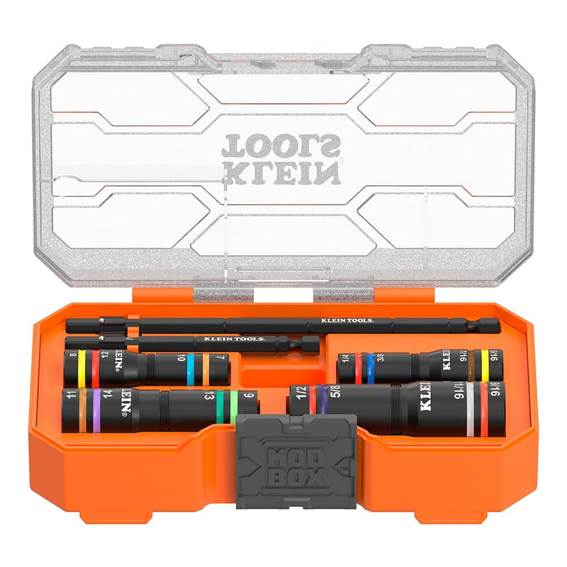 Klein Tools 654QS KNECT Quad Socket, 16 Sizes in 4 Sockets, 4-in-1 Color Coded SAE and Metric Impact Rated, Deep-Well Heavy Duty, 1/4-Inch Drive, 3-1/2 and 6-1/2-Inch Shaft 8 SAE + 8 Metric Sizes