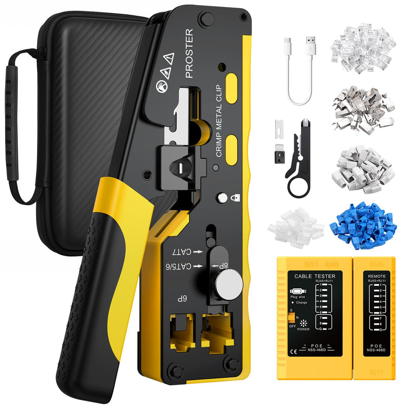 Proster RJ45 Crimp Tool - Cat7 Crimping Tool for 8P RJ45 CAT5/6/7 & 6P RJ11 RJ12 Connector with Rechargeable Network Cable Tester, CAT7 Gold Plated STP Connectors & UTP CAT6 Connectors Cat7 Yellow