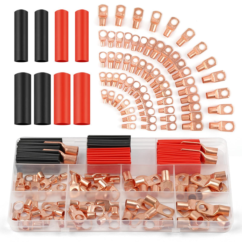 [Australia - AusPower] - PEASUG Copper Wire Lugs 130Pcs, AWG 2 4 6 8 10 12 Gauge Battery Cable Ends with 66Pcs Heat Shrink Tubing Set, 64Pcs Ring Terminals Connectors Assortment Kit for Marine, Automotive, Cables, Appliances 