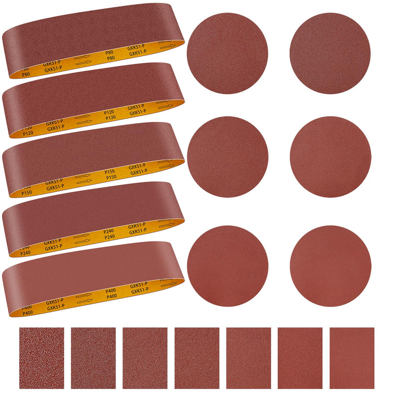 [Australia - AusPower] - 4 x 36 Inch Alumina Sanding Belts (80/120/150/240/400 Grits) and 6 Grits 6-Inch Self Stick No Hole Sanding Disc 11PCS Set for Aluminum Oxide Sanders, Sandpaper for Wood Metal Stainless Steel 11 