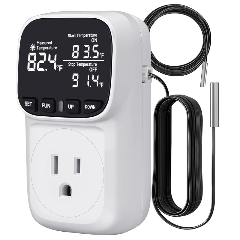 [Australia - AusPower] - Temperature Controlled Outlet , 15A/1800W Digital Thermostat Outlet, Cyclic Timing/Countdown, -40℉~210℉ VA Display Heating Cooling Control Timer with 2Pcs Probe Cable for Reptile Incubator White 