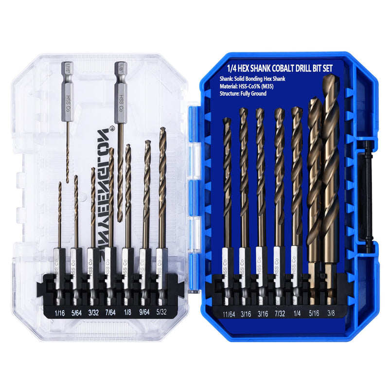 Hex Shank Cobalt Drill Bit Set 16Pcs 1/16"-3/8", M35 HSS Twist Impact Drill Bits for Metal and Hardened Steel, with Indexed Storage Case 16pcs 1/16-3/8