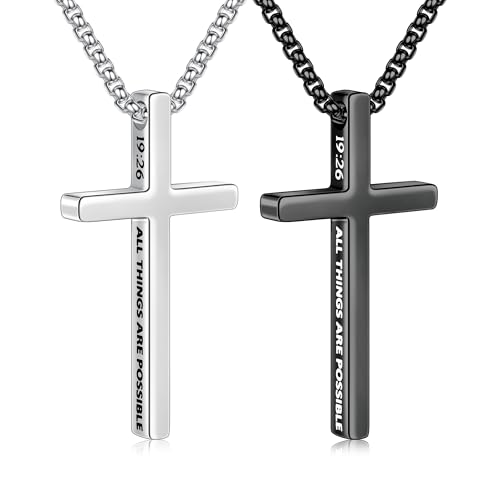 Ursteel 2 Pcs Black Silver Cross Necklace for Men, Bible Verse Cross Chain 20.0 Inches