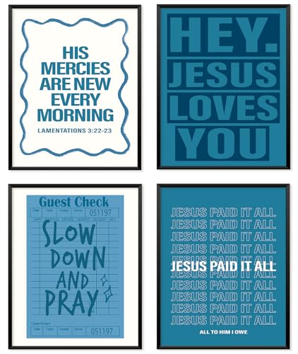 Locomiss Blue Christian College Dorm Room Wall Art Decor Posters, Blue Christian Jesus Wall Art Posters For Teen Girls College Dorm Room Bedroom Bathroom Decor, Set of 4 (8x10 Unframed) 8x10 Inches