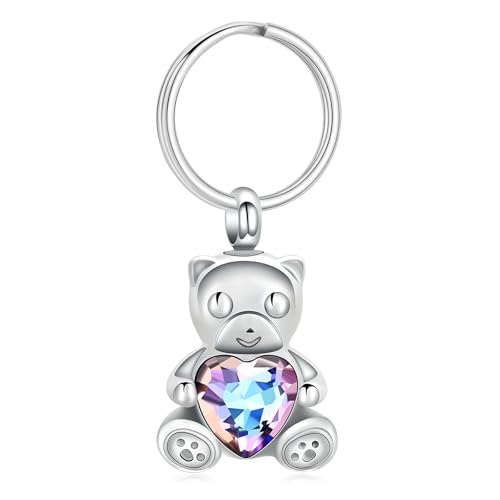 Yinplsmemory Teddy Bear Cremation Jewelry Urn Keychain for Ashes for Women with Crystal Heart Urn Keepsake Pendant Key Ring Rainbow