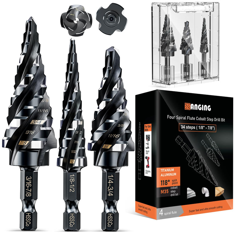 Four Spiral Flute Step Drill Bit for Metal,M35 Cobalt Unibit Step Drill Bit Set 1/8"-7/8" (3 pcs),Wear-Resistant AlTiN Coated,1/4" Hex Shank for Metal, Stainless Steel, Aluminum, Plastic