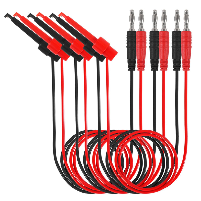 [Australia - AusPower] - 3 Pairs 4mm Banana Plug to Test Hook Clip Test Lead 22AWG Multimeter Electrical Test Jumper Wire 1m/39.37inch (3 Red+3 Black) Banana to Test Hook Clip 