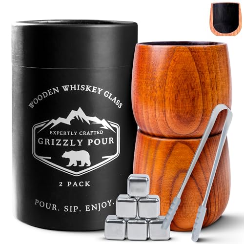 Premium Charred Wooden Whiskey Bourbon Drinking Glasses | Whisky Gifts for Men, Dad, or Brother | Handcrafted Old Fashioned Glasses Tumblers with 6 Stainless Steel Ice Cubes and Tongs | Set of 2