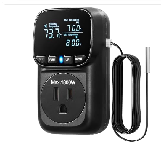 [Australia - AusPower] - Digital Temperature Controller, 15A/1800W Outlet Plug, VA Display Heating Cooling Control Timer, -40℉~210℉, Cyclic Timing/Countdown Black 