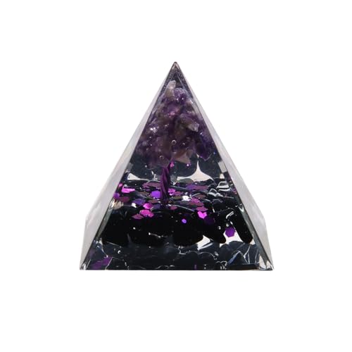 Handmade Orgone Pyramid with Natural Crystals & Mini Tree - Orgonite Healing Crystal Desk Decor for Meditation, Stress Relief-Office & Home Decor-Noir Iris