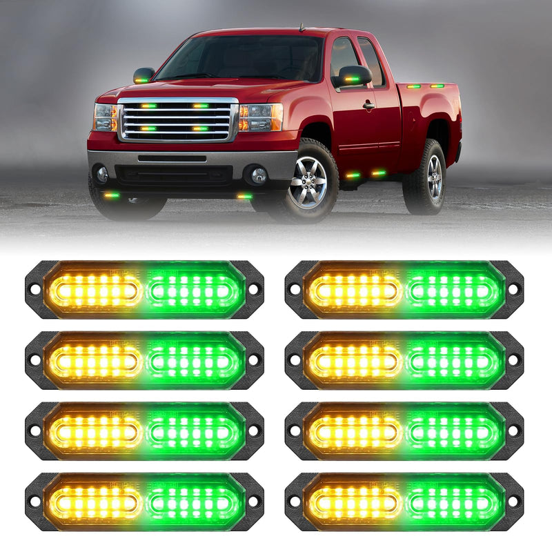 HLauto 1200T Emergency Strobe Grille Lights: 8pcs 12 LED Sync Feature Safety Warning Flashing Lights, Ultra Slim Surface Mount Hazard Caution Lights for Trucks, Vehicles, Car, ATV, UTV (Amber Green) Amber/Green