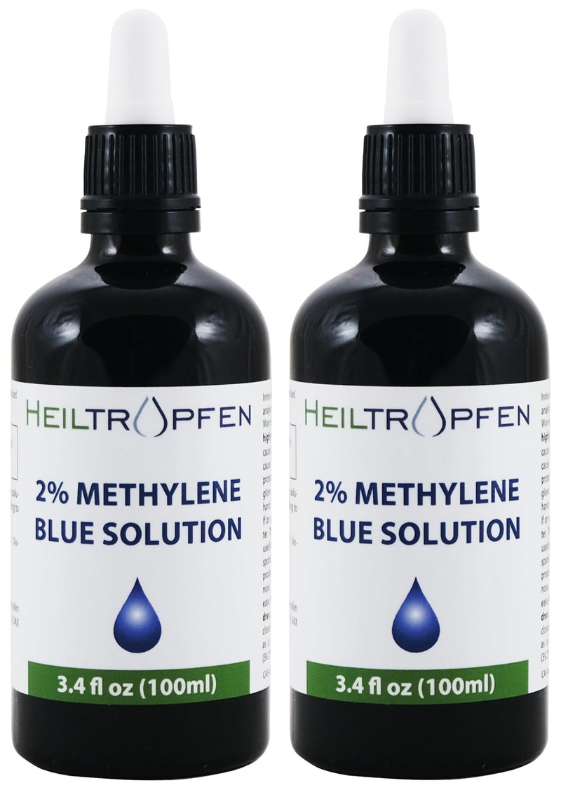 2X High-Concentration 2% Methylene Blue Solution | 2X 3.4 fl oz (100 ml) | Ultra-High Purity | USP Pharma Grade | Third-Party Tested | Formaldehyde-Free | Set of Two | Glass Bottle | Heiltropfen®