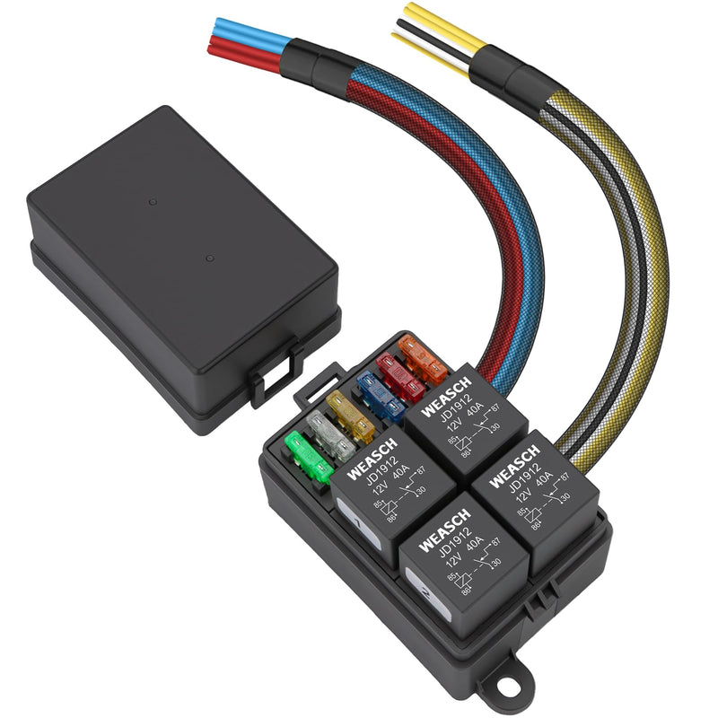 [Australia - AusPower] - 12V Pre-Wired Fuse Relay Box, 4 Relays and 6 ATC/ATO Blade Fuses, 4-Pin 40A Relay Block and Kit, for Cars Truck Marine Boat Jeep 6Way 4Relays 6Fuses 