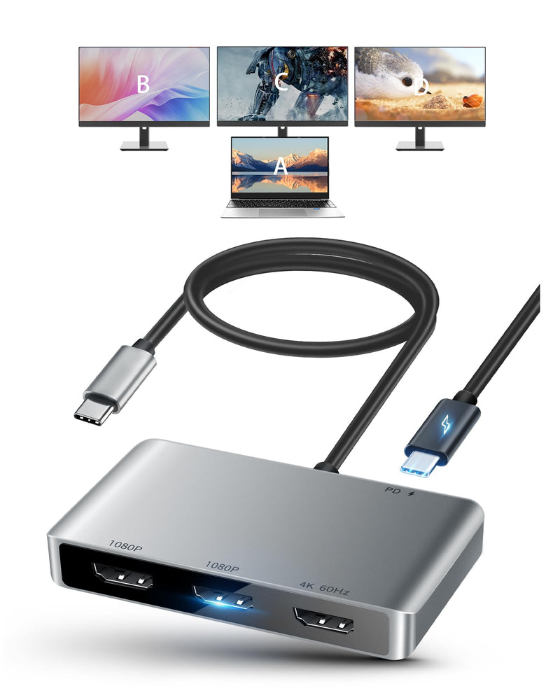 avedio links USB C to HDMI Multi Monitor Adapter, HDMI Splitter 1 in 3 Out Extended Display for Triple Monitor with 100W PD Port, Out 1 4K@60Hz, Out 2 and 3 1080p, Display for Windows Mac OS USB C to 3x HDMI