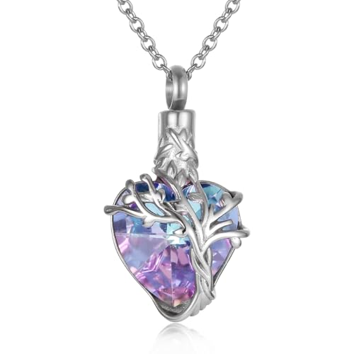 Crystal Heart Cremation Jewelry For Ashes Of Loved Ones Tree Of Life Urn Ashes Necklace For Women Stainless Steel Keepsake Memorial Pendant Purple