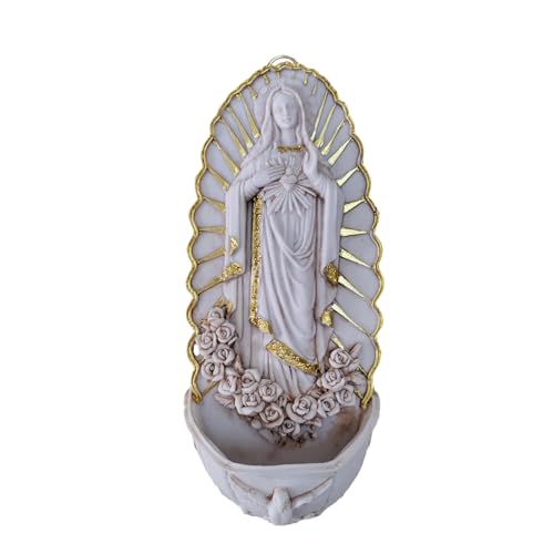 Catholic Wall Decor,Holy Water Font for Home, Handcrafted White Resin Wall-Mounted Holy Water Holder,Virgin Guadalupe Statue Fonts for Home Altar, Church, Gifts