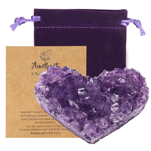 Natural Amethyst Crystal Cluster - Raw Healing Stone for Meditation, Reiki, Chakra Balancing - Worry Stone & Home Decor Gift Amethyst Heart 1.2-2 in