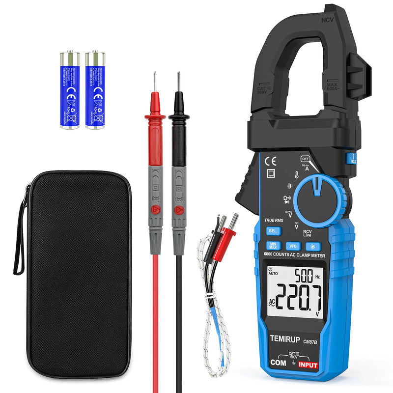 [Australia - AusPower] - Digital Clamp Meter Multimeter - TEMIRUP Auto-ranging 6000 Counts Amp Voltage Tester with D-Shaped Jaw VFD Mode, Measuring NCV, AC/DC Voltage AC Current Temperature Capacitance Resistance Continuity 600A AC Clamp Meter 