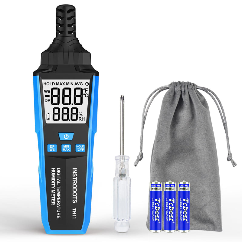 Temperature Humidity Meter, High Precision Digital Hygrometer with Ambient, Dew Point, Wet Bulb Temperature for Indoor Outdoor, Thermometer with Min/Max, Data Hold, LCD Backlight, TH11 Blue