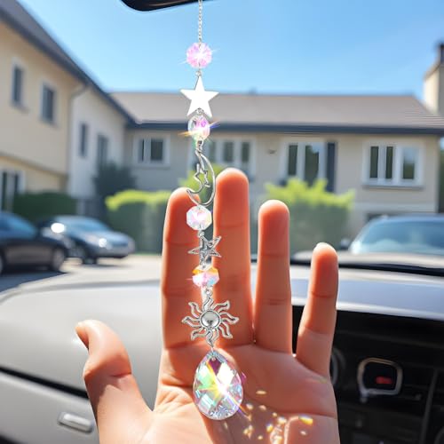 Moon and Star Rear View Mirror Car Charm, Cute Boho Sun Catcher Pendant Hangings Ornaments Healing Crystals Stones Car Decor for Women Men(A) A