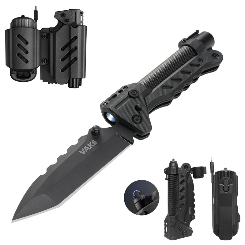 VIPERADE VAK6 Survival Multitool with Folding Knife, LED Flashlight, Pulse Ignition and Hand Crank Generator, Camping Multitool Knife Rechargeable Flashlight with Belt Sheath Black