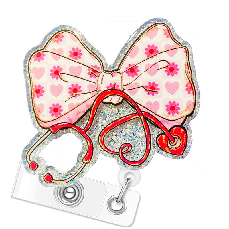 [Australia - AusPower] - Coquette Bow Stethoscope Badge Reel - Cute Girly Pink Bowknot Nurse Badge Holder Retractable with Alligator Clip for RN LPN CNA Doctor Paramedic Healthcare Worker Medical Assistant 