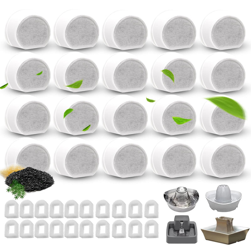 24/40 Pcs Replacement Carbon Charcoal Filters Dog and Cat Water Fountain Compatible with Multiple Pet Fountains. (20 Carbon Filters+ 20 Sponges) 20 Carbon Filters+ 20 Sponges