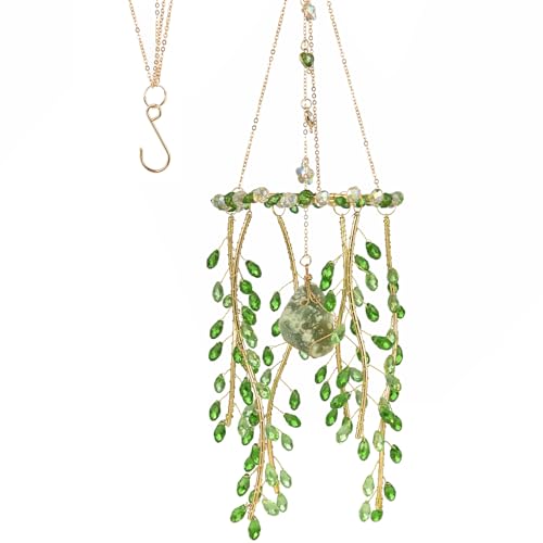 Crystal Hanging Suncatcher with Natural Stone, 16.9 Inch Decorative Wind Chime, Gold Chain & Branch Design (Green) Green