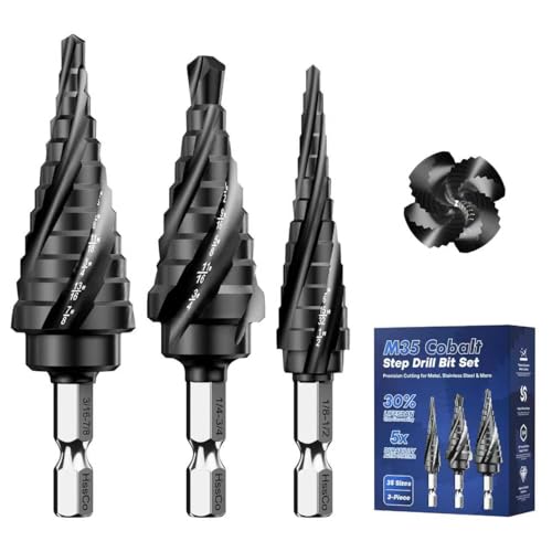 Baigao M35 cobalt step drill bit set, 3-piece, 4-spiral flute, TiAlN coating, 1/4-inch hex shank