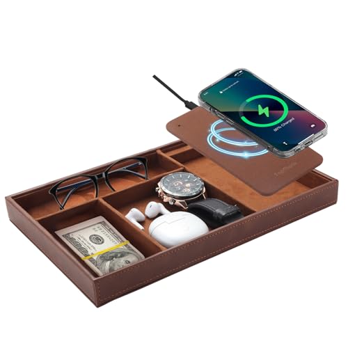 Brown TopMade valet tray with wireless charging and jewelry storage, all-in-one nightstand organizer for men.