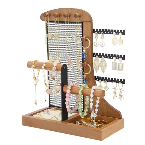 KOOAAICCHI Wooden Jewelry Organizer Stand with Display Tray-Brown Wooden Brown+Metal Black