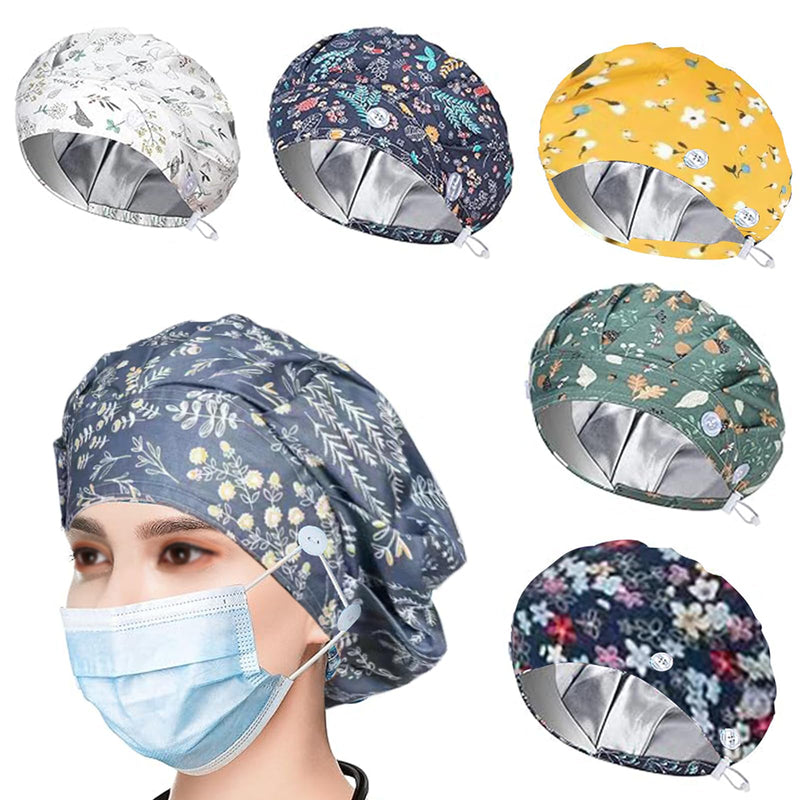 6 x adjustable surgical caps, women's surgical cap, fabric with satin lining, unisex | Satin hair cap with button, work cap with sweatband hoods, dust caps cap, chef hat, cotton print surgical