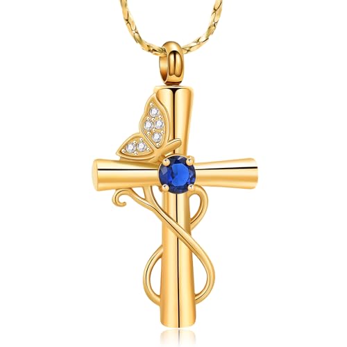Imrsanl Butterfly Cremation Jewelry Cross Urn Necklace for Ashes Gold-Blue
