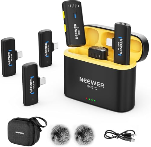 NEEWER Wireless Lavalier Microphone System for iPhone, Mini Clip on Lapel Mic Set with 2 USB C Transmitters/4 Receivers/OTG Adapter Compatible with iPhone Android Phone Computer Tablet, Black, KM20 Black KM20