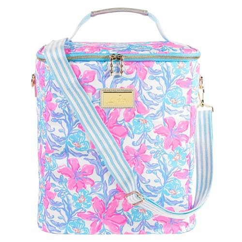 Lilly Pulitzer insulated wine carrier with beachside haven design, featuring a sleek thermocooler for keeping drinks chilled.