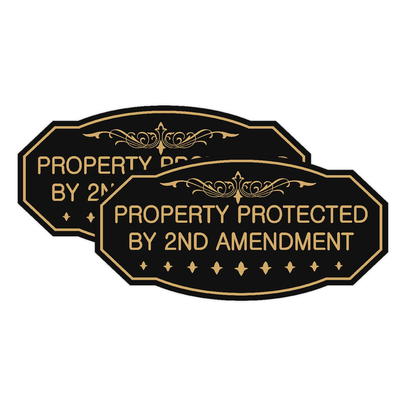 Victorian Property Protected By 2nd Amendment Sign - Easy Installation | Durable Wall or Door (Black Gold) - Large (2 Pack) 5 x 10" - Large (2 Pack) Black Gold