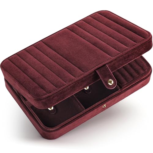 VELORIA Velvet Travel Jewelry Organizer with Hidden Compartment, Dark Red Dark Red Velvet