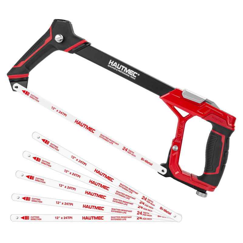 HAUTMEC 12" Fast High-Tension Hacksaw, Expert Metal Saw with 6 Bi-Metal Blades, Heavyweight Aluminum Frame, Ergonomic Non-Slip Handle, Blade Storage & Dual Cutting Angles (HTHSH25034) Expert Hacksaw
