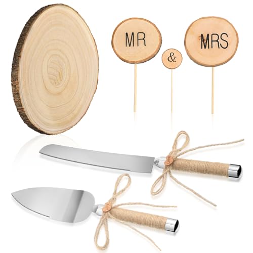 Beeveer 6 Pcs Cake Topper Knife Server Wooden Slice Set Rustic Wedding Decorations Mr and Mrs Cake Topper Table Decor for Bride Groom Valentines Day Glasses Anniversaries Centerpieces