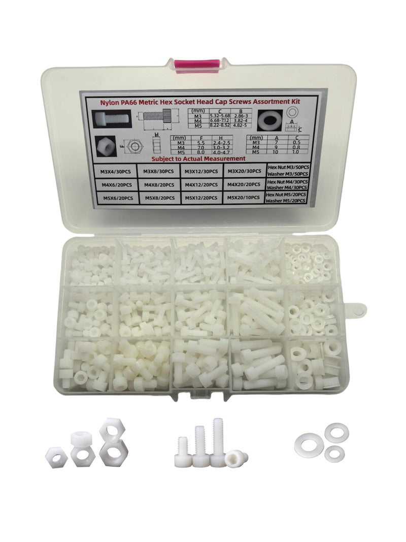 [Australia - AusPower] - Nylon PA66 M3 M4 M5 Plastic White Metric Hex Socket Head Cap Screws Set Assortment Hardware Kit Pack of 470PCS in Plastic Storage Box (Electronics Repair DIY) M3-M5 