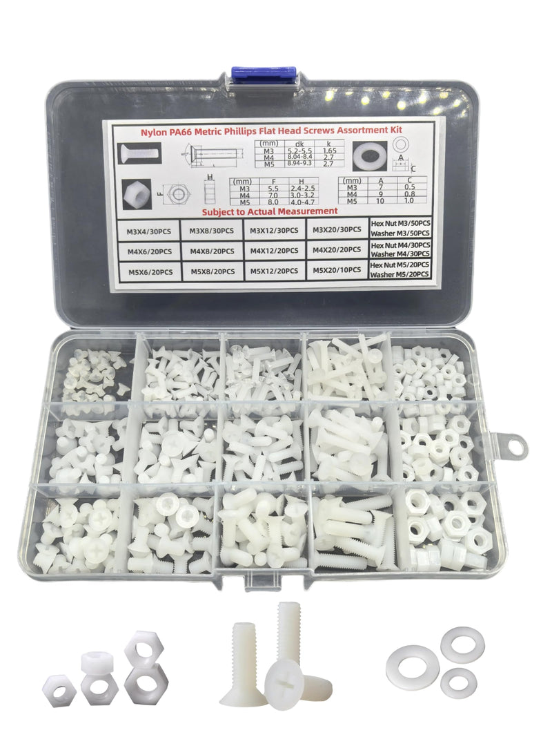 [Australia - AusPower] - Nylon PA66 M3 M4 M5 Plastic White Metric Cross Phillips Flat Head Screws Set Assortment Hardware Kit Pack of 470PCS in Plastic Storage Box (Electronics Repair DIY) M3-M5 