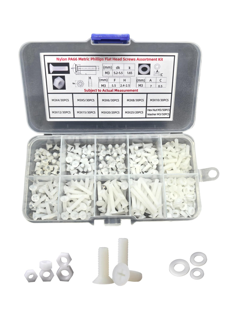 [Australia - AusPower] - Nylon PA66 M3 Plastic White Metric Cross Phillips Flat Head Screws Set Assortment Hardware Kit 4-25mm Pack of 350PCS in Plastic Storage Box (Electronics Repair DIY) M3X4-25 